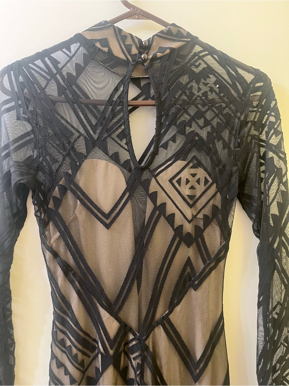 cameo Black Geometric Lace Long-Sleeve Gown with Nude Underlayer - Picture 4 of 7
